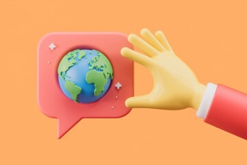 Poster - 3D cartoon hand holding a speech bubble with a globe inside.