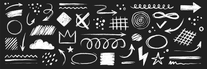 Fototapete - Arrow brush line chalk sketch texture brush vector set. Crayon marker scribble sketch stroke arrow element line brush hand drawn design. Texture abstract chalk, crayon style. Vector illustration