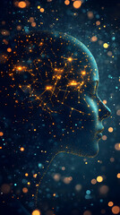 Aufkleber - A silhouette of a human head filled with glowing connections and particles, symbolizing thought.