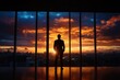 © Yu9 - A silhouette of a man in a suit stands before a stunning sunset, framed by large windows, creating a dramatic and contemplative scene.