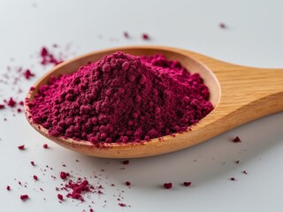 Beetroot powder in a wooden spoon on a clean background, showcasing vibrant magenta color and fine granular texture