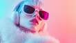 © zayatssv - Close-up portrait of a gorgeous woman with a white and blue bob hairstyle, wearing black sunglasses and pink headphones on her head. She is dressed in an oversized plush outfit