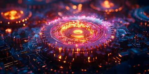 Aufkleber - A vibrant, futuristic digital landscape featuring glowing gears and circuits.