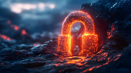 Aufkleber - A glowing digital padlock on a rocky surface, symbolizing security and protection.