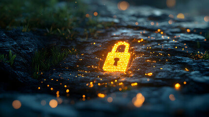 Poster - A glowing lock symbol on a rocky surface, representing security and protection.