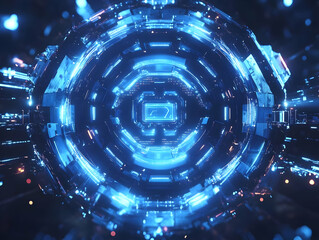 Fototapete - A futuristic, abstract digital tunnel with glowing blue and metallic elements.
