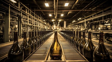 Poster - Bottles of wine are arranged in a production facility, highlighting the natural process of winemaking. The environment features industrial elements amid a serene atmosphere of craftsmanship.