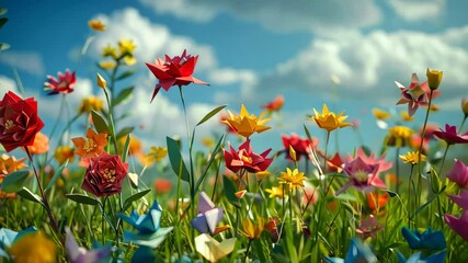 Wall Mural - vibrant origami meadow: a digital artwork of colorful paper flowers