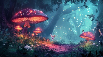 Wall Mural - a whimsical fairytale forest with glowing mushrooms and a fairy flying through the air.