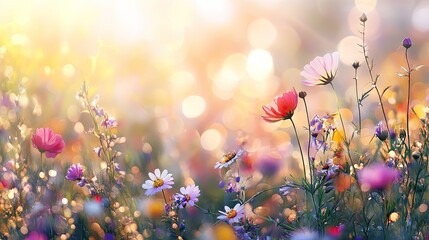 Wall Mural - A vibrant field of wildflowers with a soft, dreamy background of sunlight and bokeh effects.