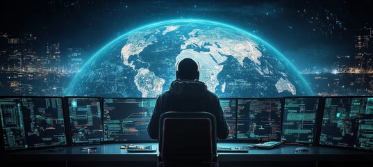 Hacker criminal hack on computer system with earth world map background. Cyber internet security protection. Generative AI technology.	
