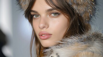 Wall Mural - A close-up portrait of a model wearing a stylish fur hat and coat, showcasing natural beauty with soft makeup and captivating eyes.