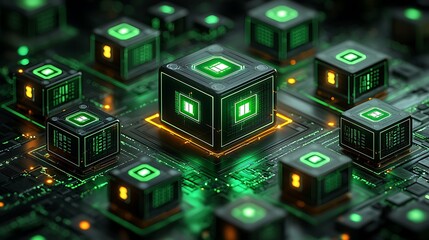 Glowing green cubes on a circuit board.