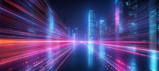 Poster - Virtual digital highway technology with city building. Generative AI technology.	
