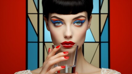 Captivating and portrait of a young woman holding a sleek glass tumbler dressed in a bold minimalist fashion standing against a vibrant studio background with colorful geometric patterns