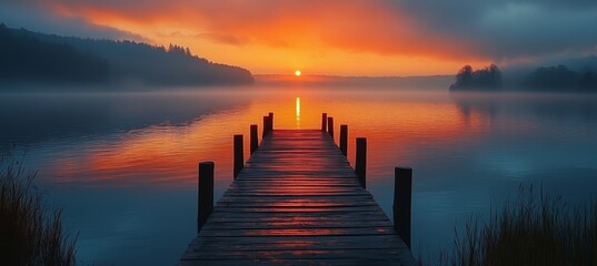 Wall Mural - small pier on sunset dawn lake. generative ai technology.