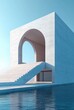 © Aleksandra - Minimalist White Geometric Shape on Soft Blue Sky Background for Architectural Presentation and Summer Product Display