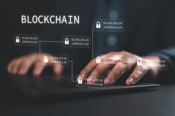 Poster - Businessman using a laptop to Blockchain technology concept with a chain of encrypted blocks to secure cryptocurrencies and bitcoin for online payments and money transaction.