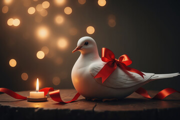 White dove with red bow celebrating christmas with burning candle