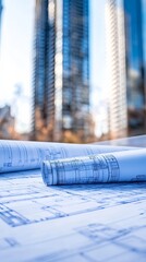 Architectural Building Plans with City Skyline Background