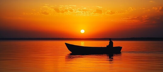 Wall Mural - a person over the canoe boat at sunset lake. generative ai technology.