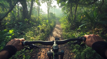 Aufkleber - Cyclist rides on a dirt trail in a vibrant forest surrounded by tall trees and green vegetation. Soft morning light filters through the leaves, creating a serene and adventurous atmosphere.