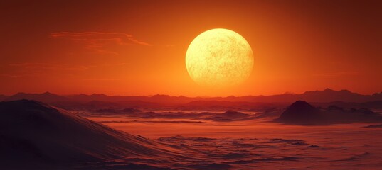 Wall Mural - sunset arid desert with full moon. generative ai technology.