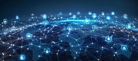 Aufkleber - Digital world map with connected internet network system. Global wireless telecom and communication. Generative AI technology.	
