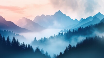 Naklejka na meble Serene mountain landscape at dawn, showcasing layers of mist and trees in soft pastels.