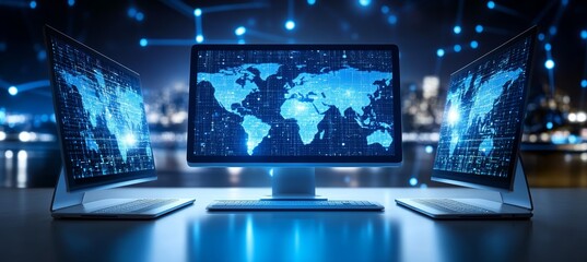 Aufkleber - World map on computer screen. Global internet network telecom and communication. Generative AI technology.	

