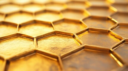 Wall Mural - Golden honeycomb pattern showcases reflective surfaces, creating a rich visual texture and intricate geometry that captivates the viewer's attention