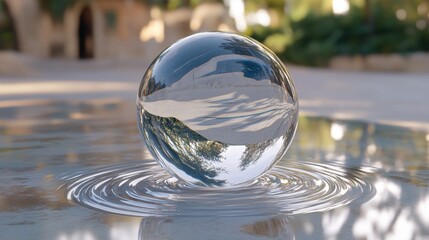Wall Mural - A crystal-clear sphere resting on a tranquil surface, reflecting nature's beauty in soft morning light.