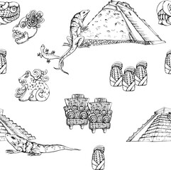 Mexican Aztec pyramid, ancient religious carvings sculptures, iguana jaguar skull corn deity god. Hand drawn ink vector isolated illustration. Seamless pattern. Design travel, vacation brochure, paper