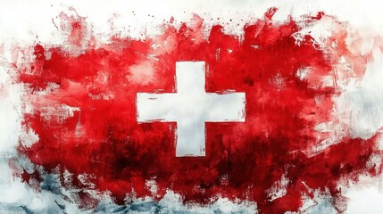 Wall Mural - Watercolor Swiss Flag Design with Bold Red Brushstrokes and White Cross Background