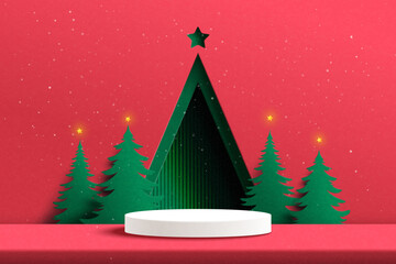 Fototapete - Merry Christmas and Happy new year background. White cylinder podium on red background decorated with christmas tree and stars..Paper art vector illustration.