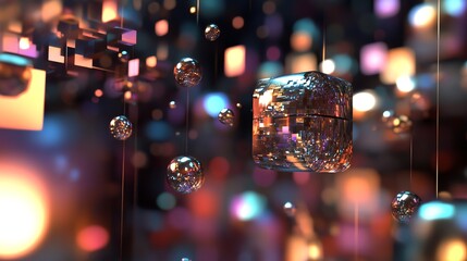 Wall Mural - abstract 3d background with glowing orbs and metallic geometric shapes.