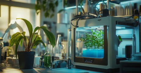 A futuristic plant-growing machine in an advanced lab, printing miniature plants from a blue ink liquid using a minimalist and clean design aesthetic.  This image conveys innovation through sustainabl