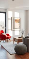 Scandinavian interior design of modern living room with accent red armchair and frame on wall.