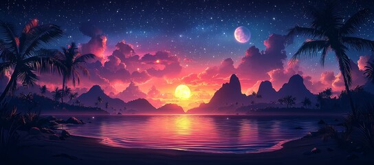 Wall Mural - An intricate cartoon illustration of a tropical night scene, showcasing a sea bay, palm tree and mountain silhouettes against the horizon, and a sky dotted with the moon and stars.