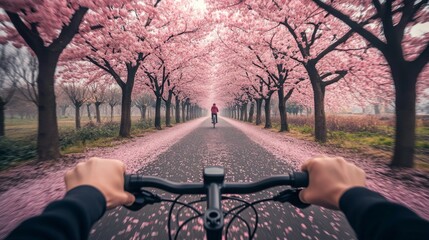 Aufkleber - Riding a bike along a picturesque path lined with blooming cherry blossom trees creates a tranquil atmosphere. Pink petals cover the ground, enhancing the idyllic spring scenery.