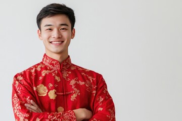 Young Man Smiling in Traditional Red Chinese Clothing