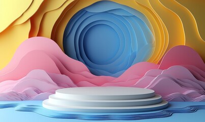 Wall Mural - A contemporary realistic depiction of a pink cylindrical podium set against a backdrop of blue and beige waves, designed for a beauty product showcase studio.