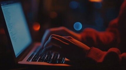 Night Coding Session: Hands Typing on Laptop in Low Light