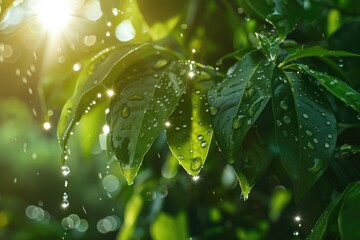 Wall Mural - morning dew drops on leaves in nature beautiful and clear.