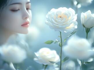 White Roses and Woman Portrait Beauty Image Hair Care Skin Care Body Care Esthetic Salon