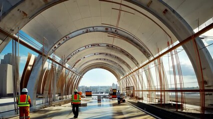 Wall Mural - A futuristic bridge with an elegant arch design under construction. Workers are seen installing large prefabricated segments, and the temporary support structures are still visible.