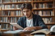© Mariya - Focused Indian male student studying at wooden desk in library writing notes from textbook with laptop and books in soft natural light