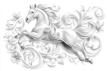 Naklejka na meble Intricate white horse design surrounded by elegant floral patterns on a textured background. Harmonious blend of form and elegance. Generated by AI