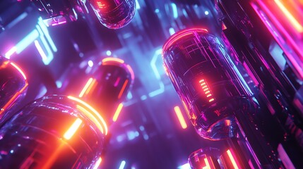 Wall Mural - futuristic, colorful, and vibrant 3d render of glowing cylinders.