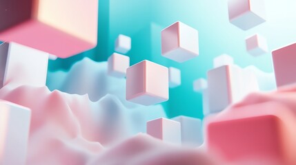 Wall Mural - abstract pastel pink and white 3d cubes floating over a soft, pink and blue background.